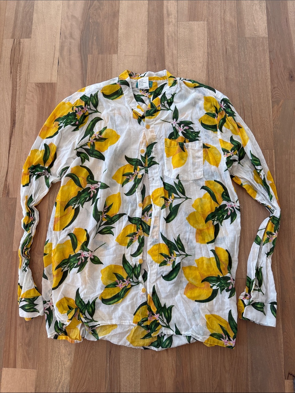 Lightweight Lemon Print Button-Up Shirt Jacket - White/Yellow 100% Cotton